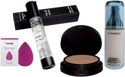 

Fancify Sponge Puff With Mac Prep+Prime Pearl Gel Primer, Powder Plus Foundation Studio Fix Pressed Powder compact& MAC Match Master SPF15 Make-Up Foundation(Set of 4)