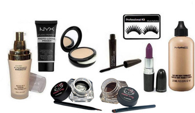 

Professional kit Eyelashes, Face & Body Foundation,Compact,Mineralize Foundation,Lipstick,Mascara Haute & NaughtyPrimer,Hello Kitty Gel Eyeliner Two way Black and Brown(Set of 9)