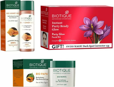 

BIOTIQUE BIO PARTY GLOW FACIAL KIT, Honey Gel Refreshing Foaming Face cleanser , Papaya Revitalizing Tan-Removal Scrub(Set of 3)