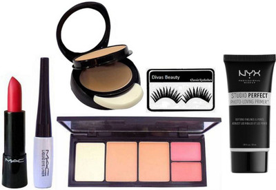 

divas beauty Eyelashes & MAC Liquid Last Liner & Matte Lipstick & Viva Glam Colour Loose Powder Blush With Compact, Two Way Compact, NYX Studio Perfect Photo-Loving Face Primer Gel 30 ml(Set of 6)