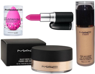 

Professional kit Sponge Puff,Mac Loose Powder Select Sheer for Women,Studio Waterweight Foundation,Matte Finish Pink Lipstick(Set of 4)