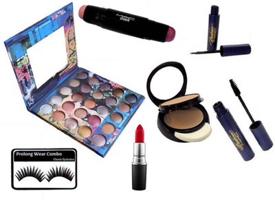 

Pro longwear combo Eyelashes,Mac Padma Eyeliner,Mascara, Mac 25 Shade Eyeshadow Palette& Lipstick, Mac Studio concealer conter Stick,Two Way Compact(Set of 7)