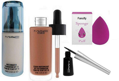 

Fancify Sponge Puff MAC Match Master SPF15 Make-Up Foundation& Mac Studio Waterwight Liquid Foundation, Mac Super Slick Liquid Eyeliner(Set of 4)