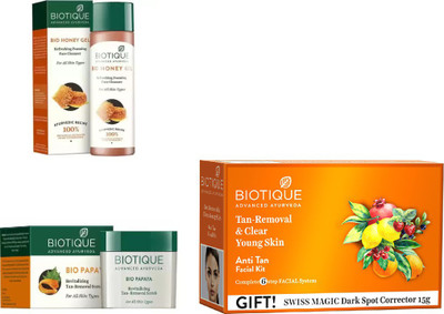 

BIOTIQUE BIO anti-tan facial kit, Honey Gel Refreshing Foaming Face cleanser , Papaya Revitalizing Tan-Removal Scrub(Set of 3)