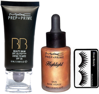 

divas beauty Eyelashes&Mac Skin Base Visage Highlight, Prep+Prime BB BEauty Balm Cream Foundation(Set of 3)