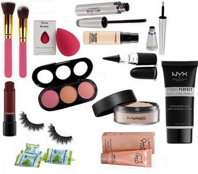 Divas Beauty Sponge Puff, Mac 3 Shade Blusher, Loose Powder, Pro Long wear concealer, Stick Kajal, Brook Candy Liner & Mascara, Liptensity Lipstick, 9to5 Weightless Mousse Foundation, Make up Brush 2 With Eyelashes and Magic Napkin Pack of 3, NYX Studio P
