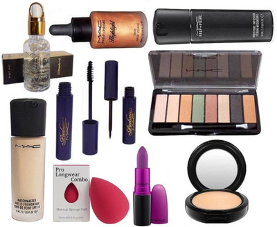 

Pro longwear combo Sponge puff & Mac eyeshadow palette Fard a paupieres in 8 shades, padma eyeliner and mascara, matchmaster spf 15 foundation with smoothing radiance primer and compact, Prep+prime Highlighter & moisture Infusion Serum, mac matte heroine 