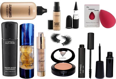 

Pro longwear combo Sponge Puff, Mac Face and Body Foundation, Pro long wear concealer, Prep+prime moisture Serum, SKin base visage Primer, Highlighter, Star trick Blusher, Zoom lash Mascara & Waterproof Eyeliner with Stick k. & Eyelashes(Set of 11)