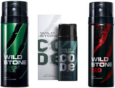 

Wild Stone RED DEODORANT 150 ML+CODE STEEL DEODORANT 120 ML+FOREST SPICE DEODORANT 150 ML Deodorant Spray - For Men(150 ml, Pack of 3)