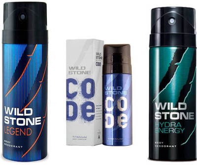 

Wild Stone HYDRA ENERGY DEODORANT 150ml + CODE TITANIUM DEODORANT 120ml + LEGEND DEODORANT Deodorant Spray - For Men(150 ml, Pack of 3)