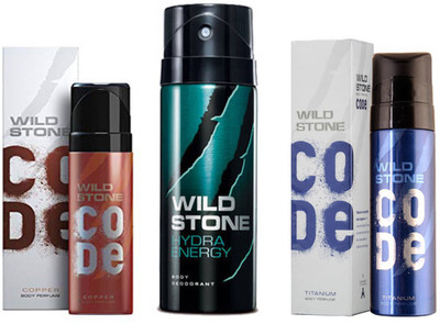 

Wild Stone CODE COPPER DEODORANT 120 ML+HYDRA ENERGY DEODORANT 150 ML+CODE TITANIUM DEODORANT 120 ML Deodorant Spray - For Men(390 ml, Pack of 3)