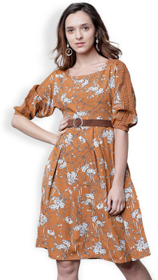Tokyo Talkies Women Fit and Flare Brown Midi/Calf Length Dress