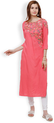 folklore Women Solid Straight Kurta(Pink)