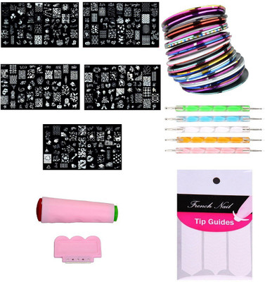 

Royalkart Nail Art Stamping Kit With Large 5 Image Plates With Double-Sided Stamper, Metal Scraper, 5 pcs Double-Sided Dotting Tool, 1 Set French Manicure Nail Art Finger Tip Guide, Metallic Nail Art Tape Lace Line Strips(CF Plate)(multicolour)