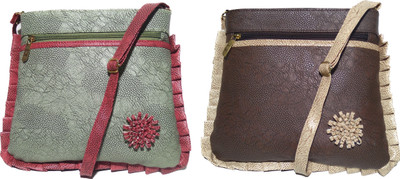 AZED Collections Girls Casual Green, Brown Rexine Sling Bag, Brown;green