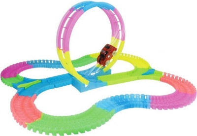 

Montez 134 PCs Flexible & Bendable Glow in the Dark Twister Track Set Toy with Led Lights Racing Car(Multicolor)