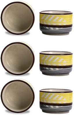 caffeine Dip and Sauce Round Serving Bowl Ceramic/Stoneware in Yellow and Grey Leaf (Set of 6) Handmade By Caffeine Ceramic Bowl Set(Yellow, Grey, Pack of 6)
