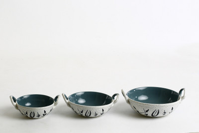 

Caffeine Handmade Dual-shade Leaf print Pattern Serving Kadhai Ceramic Bowl Set(Multicolor, Pack of 3)