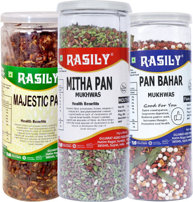 

rasily Majestic Pan , Pan Bahar & Rangeela mukhwas combo calcutta pan, Pan Mukhwas, pan, fennel, coriander seeds Mouth Freshener(Pack of 3)