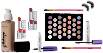 

Ultimate Makeup Brush With Eyelashes With Mac Makeup 24hr Pro Long Wear Spf 10 Foundation,32 Eye shadow Palette,Lakme Liquid Eyeliner And Mascara And Matte Finish Long Lasting Lipstick 2 Diffrent Shades(Set of 9)