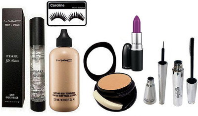 

Caroline Eyelashes, Mac Prep+Prime Pearl Primer, Two way compact, Face & Body Foundation, Matte Finish Herion Lipstick, Brooke Candy Eyeliner & Mascara(Set of 7)