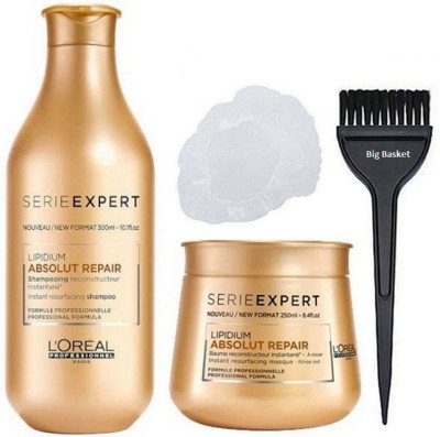 

big Basket Hair Brush with Shower cap, L'oreal Serieexpert Lipidium Absolut Repair Shampoo & Masque(Set of 4)