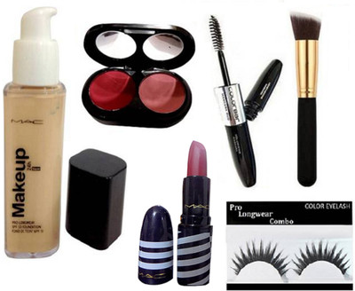 Pro longwear combo Eyelashes, Mac Makeup Foundation, 2 shade Blusher, Finish Matte lipstick, Colorbar 2in1 Eyeliner & Mascara WIth Brush(Set of 6)