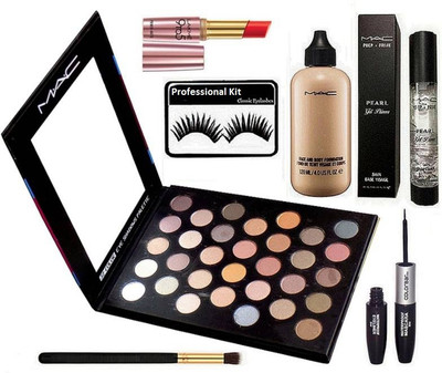 

Professional kit Makeup Brush,Mac Professional Makeup 32 Shades Eyeshadow Palette,Face&Body Foundation,Primer,Colorbar Liquid Eyeliner,Mascara,9 To 5 Lipstick,Eyelashes(Set of 7)