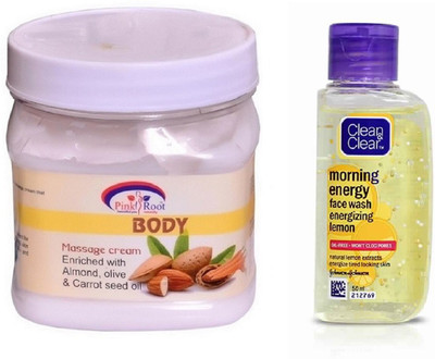 Pink Root BODY MASSAGE CREAM 500ML WITH CLEAN & CLEAR LEMON FACE WASH(Set of 2)