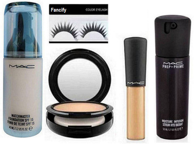 

Fancify Eyelashes,MAC Match Master SPF15 Make-Up Foundation, Prep + Prime Moisture Infusion Serum Hydratant, Studio fix compact& Mineralize Concealer(Set of 5)