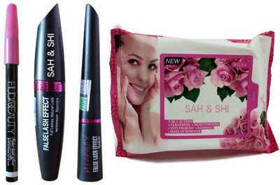 

Sah&Shi Cleansing And Makeup Remover 25pcs facial Wipes (Rose) with Huda Mascara,Liquid Eyeliner and Eyebrow Pencil(Set of 2)