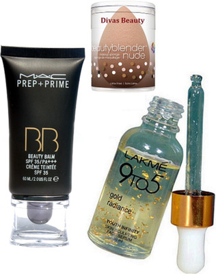 

divas beauty Sponge Puff With 9to5 Gold Radiance Youth Infinity Skin Sculpting Face Serum, Prep+Prime BB BEauty Balm Cream Foundation(Set of 3)