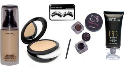 

divas beauty eyelashes & Mac MatchMaster Foundation & hello kItty Gel Eyeliner & Studio Fix Compact, Prep+Prime BB BEauty Balm Cream Foundation(Set of 5)