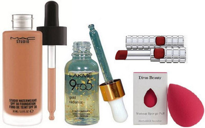 

divas beauty Sponge puff & mac studio waterweight liquid foundation & 9 to 5 gold radiance face serum, Loreal Shine Lipstick By Color Riche(Set of 4)