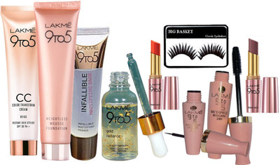 

big Basket eyelashes , lakme 9 to 5 weightless mousse foundation , cc color trasnform cream , infallible mattifying primer , gold radiance serum , water proof eyeliner & mascara with primer +matte lipstick (set of 2)(Set of 9)