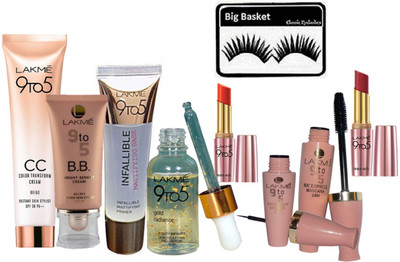 

big basket Eyelashes, 9to5 Gold Radiance Face Serum,Liquid Eyeliner With Mascara,Matte Finish lipstick (Set of 2),CC Color transform Cream With Infallilible Mattifying Primer & B.B Bright-Benefit Cream(Set of 9)