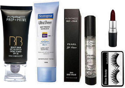 

divas beauty Eyelashes, Neutrogena Ultra Sheer Dry-Touch SPF 50+ Sunblock 118, Prep+Primer, Matte lipstick, Prep+Prime BB BEauty Balm Cream Foundation(Set of 5)