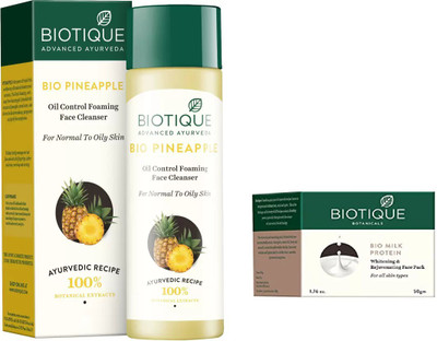 

BIOTIQUE BIO PINEAPPLE OIL CONTROL FACE CLEANSER, MILK PROTEIN WHITENING & REJUVENATING FACE PACK FOR ALL SKIN TYPES(Set of 2)