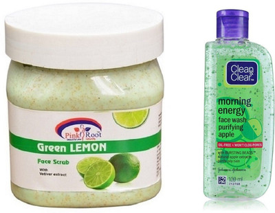 

Pink Root GREEN LEMON SCRUB 500ML WITH CLEAN & CLEAR APPLE FACE WASH(Set of 2)