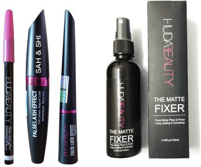 

Sah&Shi Mascara with Huda Eyeliner And Huda Beauty Eyebrow Pencil Set of 3 With Huda Long Lasting Makeup fixer Spray(Set of 2)