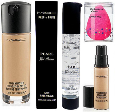 

Pro longwear combo Sponge puff, Mac matchmaster Foundation, Pro Longwear concealer, Prep+prime Pearl Gel primer(Set of 4)