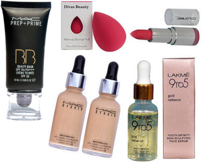 

divas beauty Sponge Puff Waterweight Foundation, Colorbar Matte Finish Lipstick, Gold Rediance Serum, Mac Prep+Prime BB BEauty Balm Cream Foundation(Set of 6)