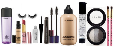 

Professional kit makeup brush2 , mac face and body foundation , pro long wear concealer , pro eye makeup remover , liquid eyeliner , double effect mascara , prep+prime pearl primer gel , mineralize fard a joues 3 shade eye shadow with lakme 9 to 5 primer 
