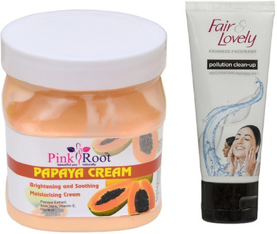 

Pink Root PAPAYA CREAM 500ML WITH FAIR & LOVELY POLLUTION CLEAN-UP FACE WASH(Set of 2)