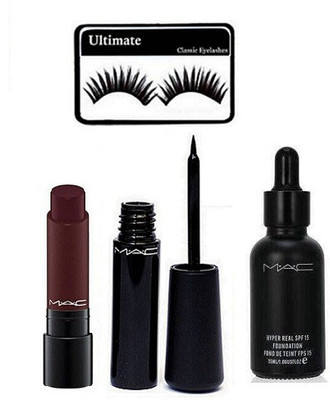 

Ultimate Eyelashes With Mac Liquid Eyeliner &Hyper Real Foundation SFP 15 & Matte Finsih Long Lasting Liptensity lipstick(Set of 4)