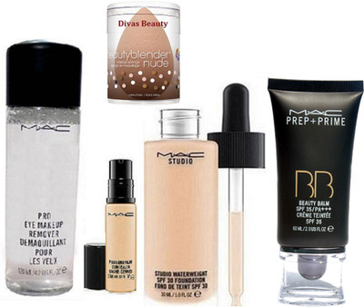 

divas beauty sponge puff , mac studio water weight spf 30 foundation with pro long wear concealer & pro eye makeup remover, Prep+Prime BB BEauty Balm Cream Foundation(Set of 5)