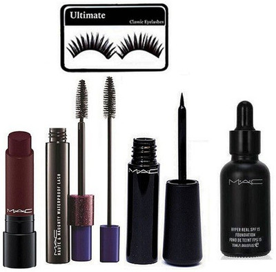 

Ultimate Eyelashes With Mac Hyper Real Foundation & Liquid eyeliner & Haute And Naught Mascara,Liptensity Lipstick(Set of 5)