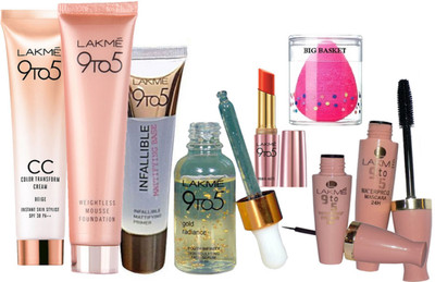 

big Basket sponge puff , lakme 9 to 5 weightless mousse foundation, cc color trasnform cream , infallible mattifying primer , gold radiance serum , water proof eyeliner & mascara , primer +matte lipstick(Set of 8)