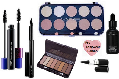 

Pro longwear combo Silicon Puff, Mac 10 Shade Concealer & 8 shade Eyeshodow Palette, Hyper real Foundation, Haute and Naughty Double Effect Mascara, Pen Eyeliner with Stick K.(Set of 7)