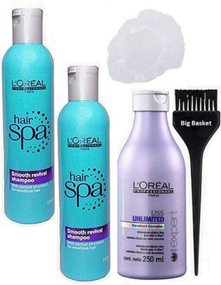 

big basket Hair Brush, Shower cap, L'oreal Paris Hair Spa Smooth Revival Hair Shampoo 230ml Pack Of 2 & Liss Unlimited Shampoo 250ml(Set of 5)